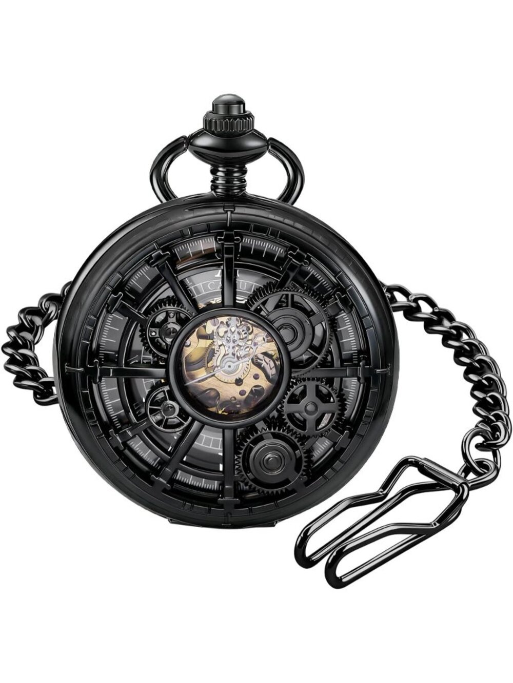 Men's All Black Vintage Style Hollow-Out Gear Arabic Mechanical Pocket Watch